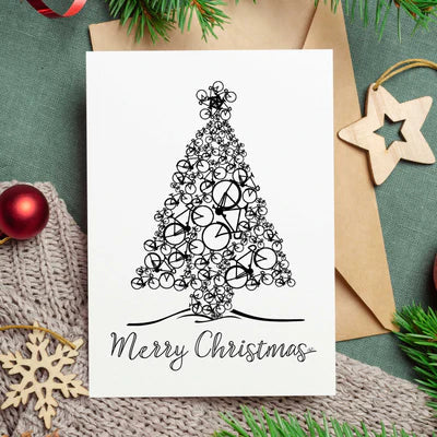 365Gifty cycling Christmas card with a tree made of bicycle illustrations and Merry Christmas text