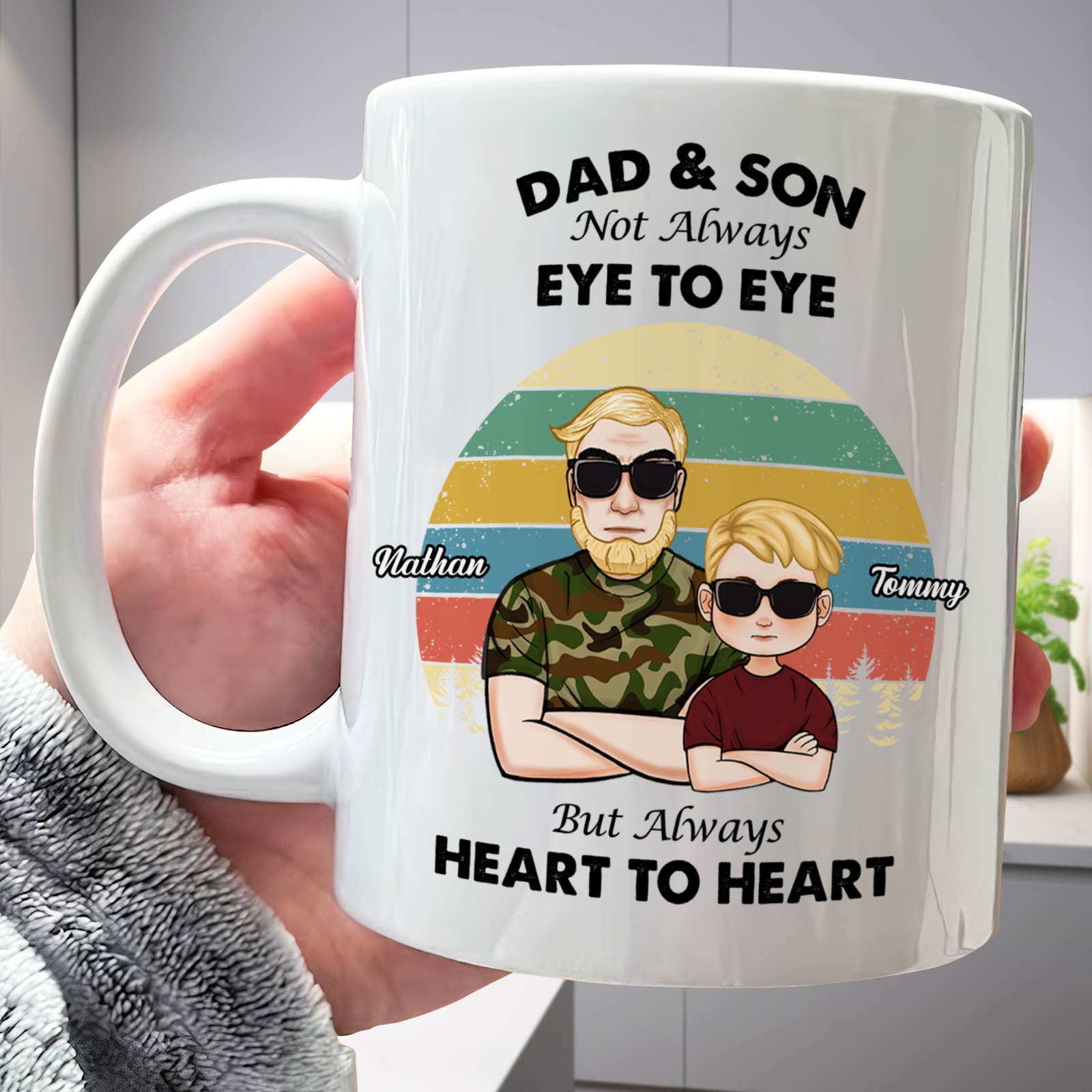 Ceramic mug featuring Dad and Son design with text for a heart to heart dad gift