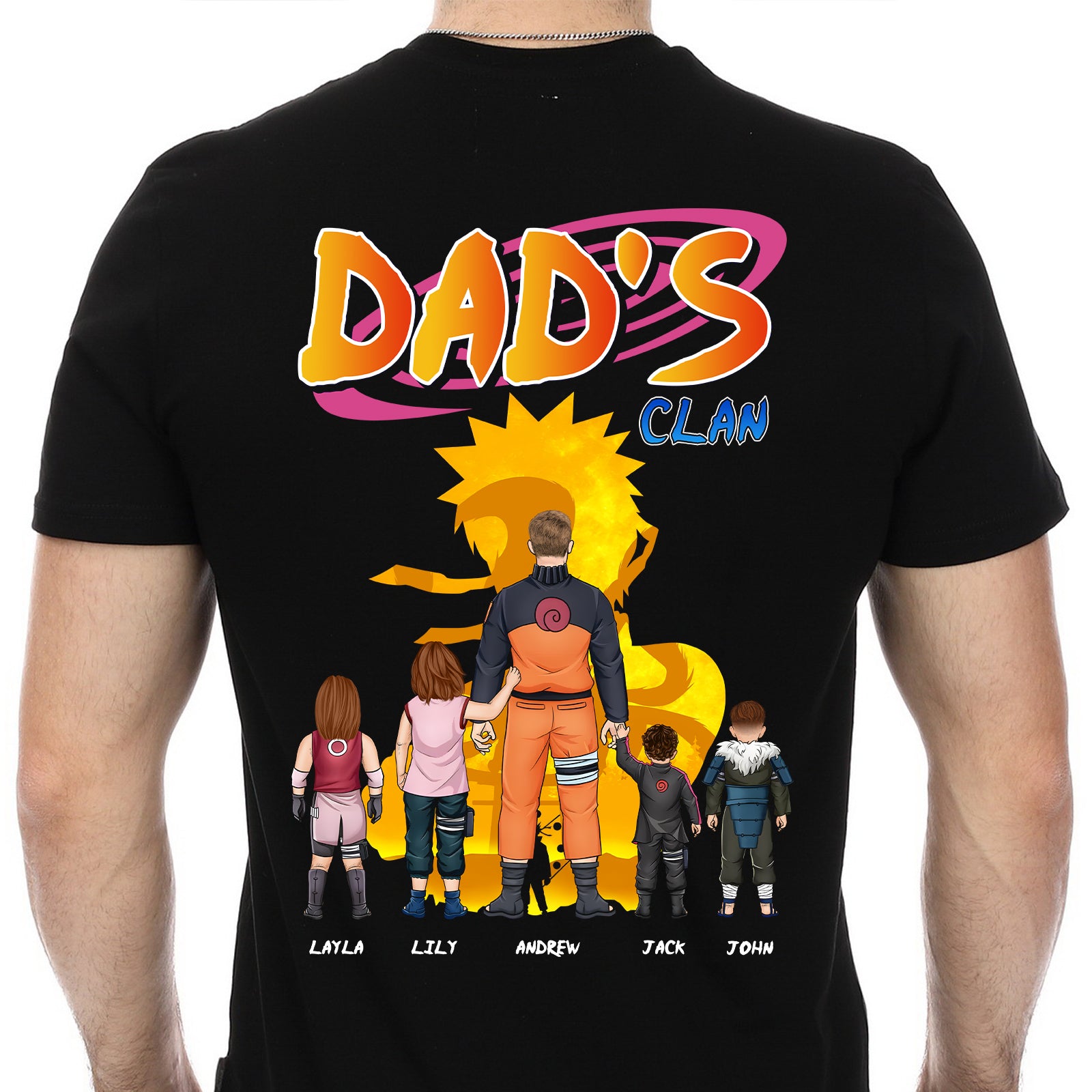 Black dad's clan family shirt with anime style characters and personalized names on the back