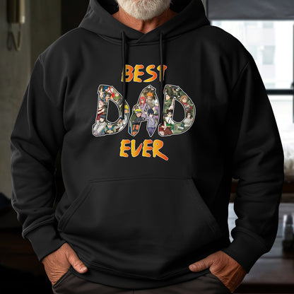 Black hoodie featuring best dad ever design with colorful characters for dad's clan family shirt
