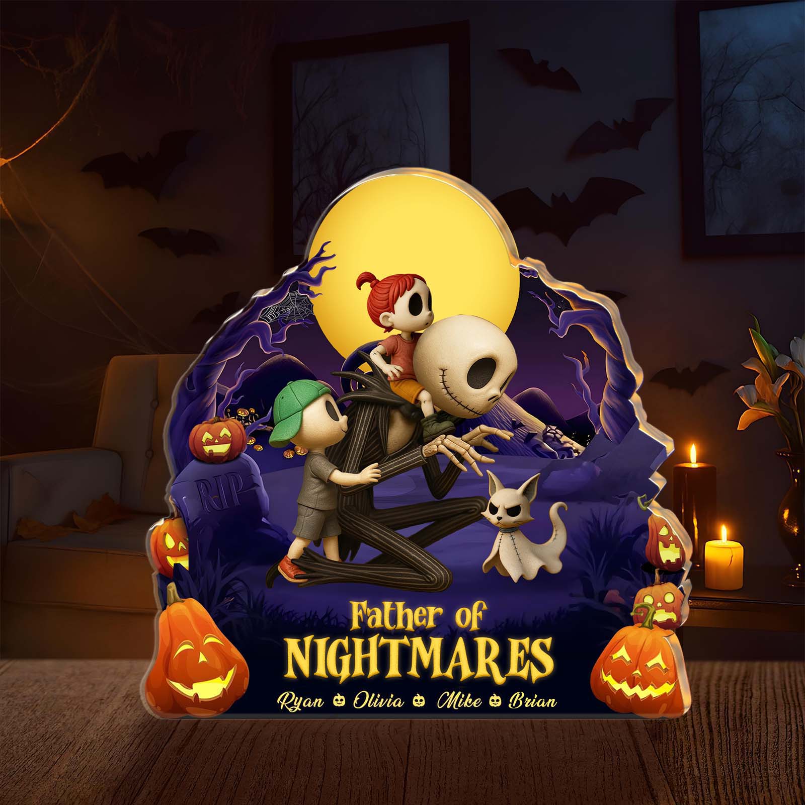365Gifty personalized Halloween acrylic plaque with Halloween characters and glowing pumpkins
