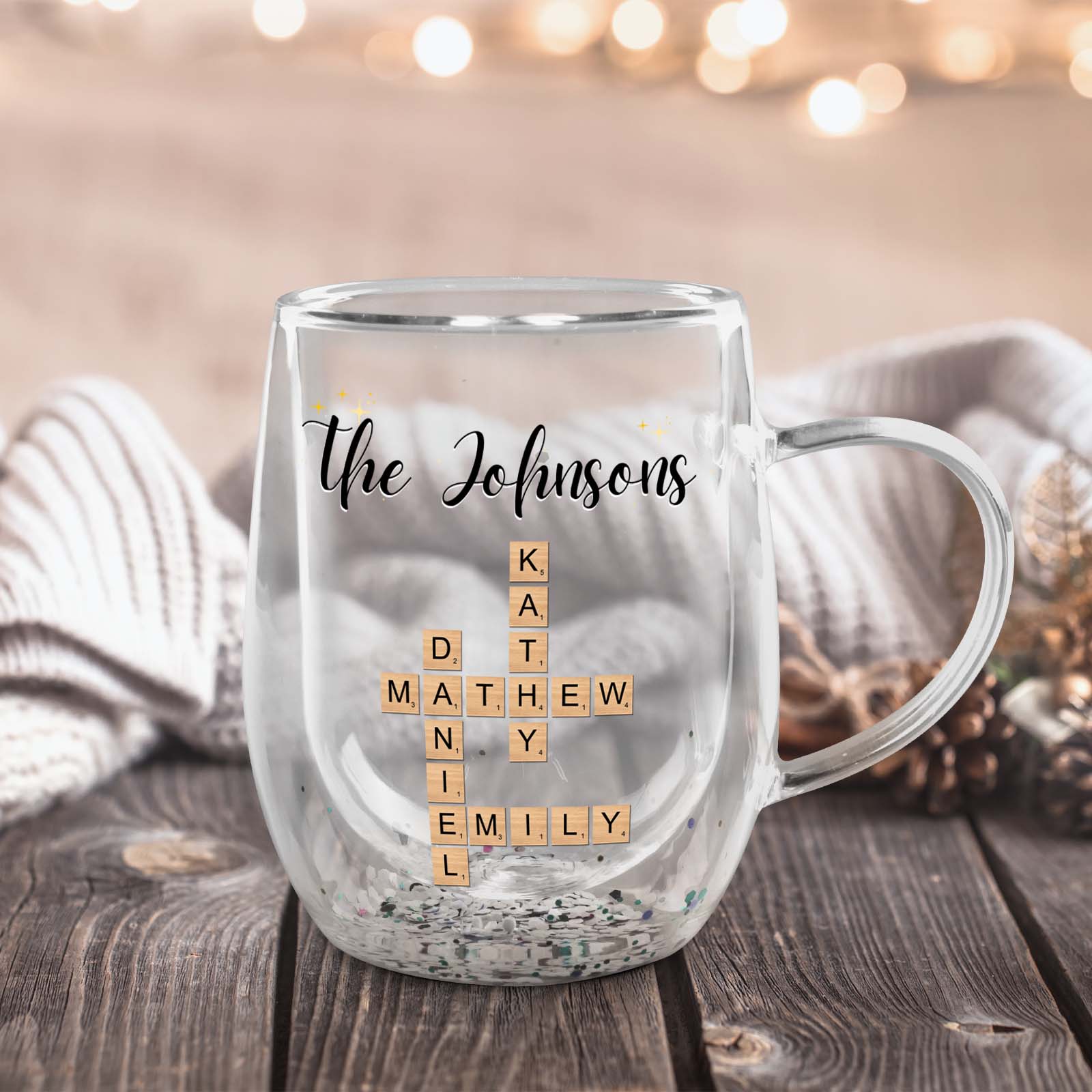Personalized double walled mug gift for family with names Daniel, Kathy, Matthew, and Emily