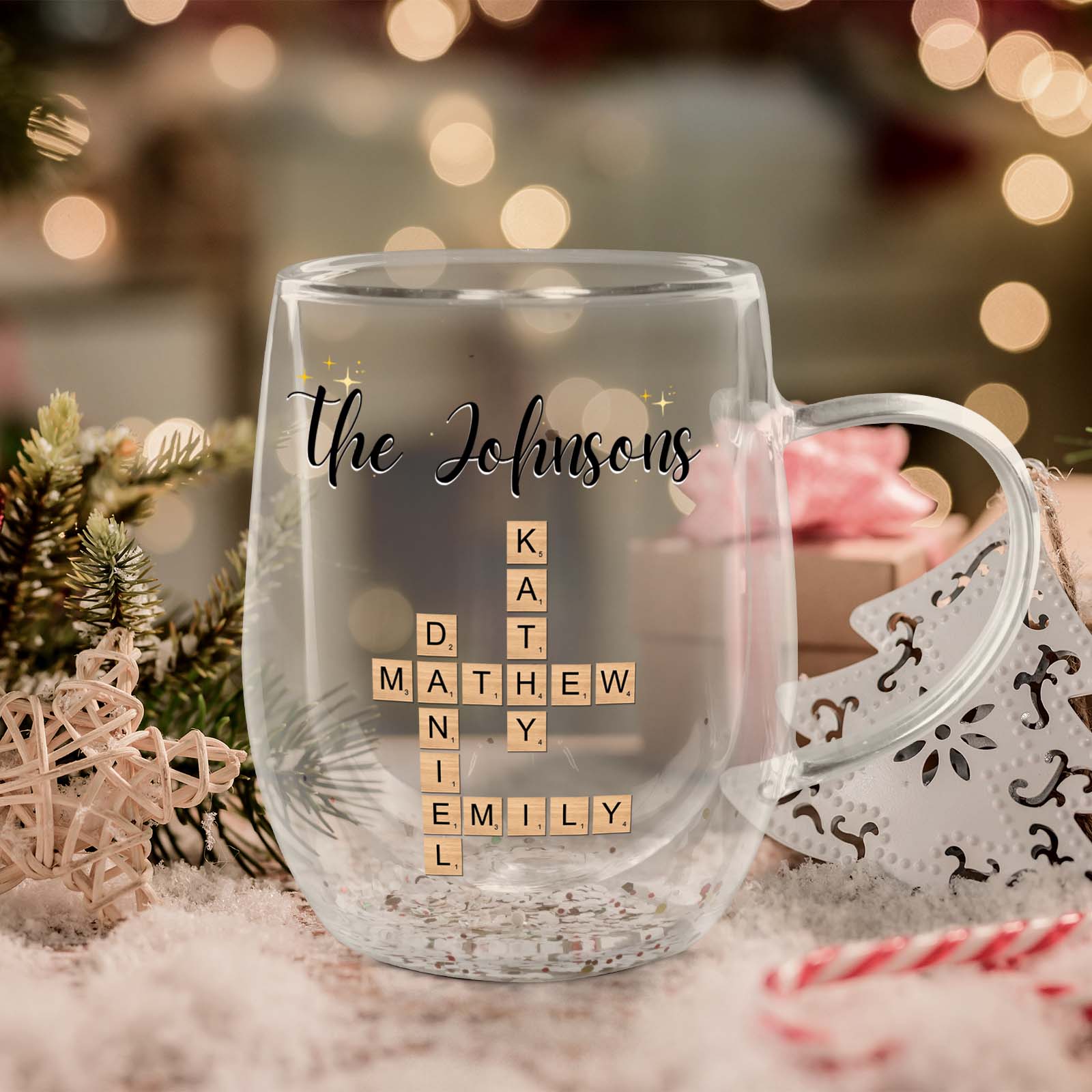 Personalized double walled mug gift for family featuring The Johnsons with names Daniel, Matthew, Katy, and Emily