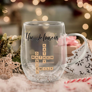 Personalized double walled mug gift for family featuring The Johnsons with names Daniel, Matthew, Katy, and Emily