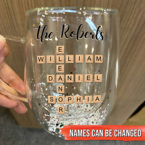 Personalized double walled mug gift for family featuring custom name tiles and a stylish design