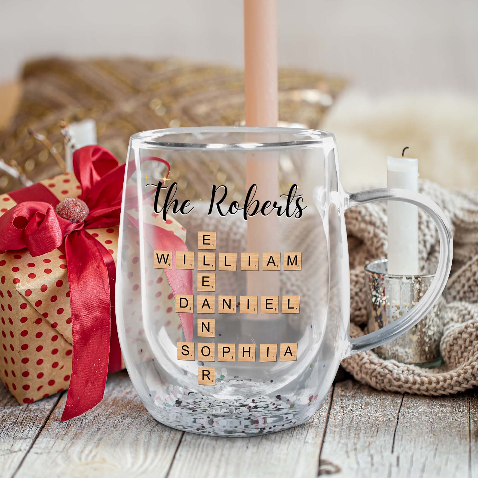 Personalized double walled mug gift for family featuring names in Scrabble tile design