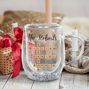 Personalized double walled mug gift for family featuring names in Scrabble tile design