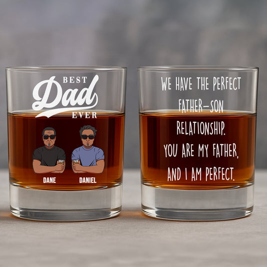 personalized best dad ever whiskey glass with two rocks glasses showing Best Dad Ever text father son avatars and printed quote