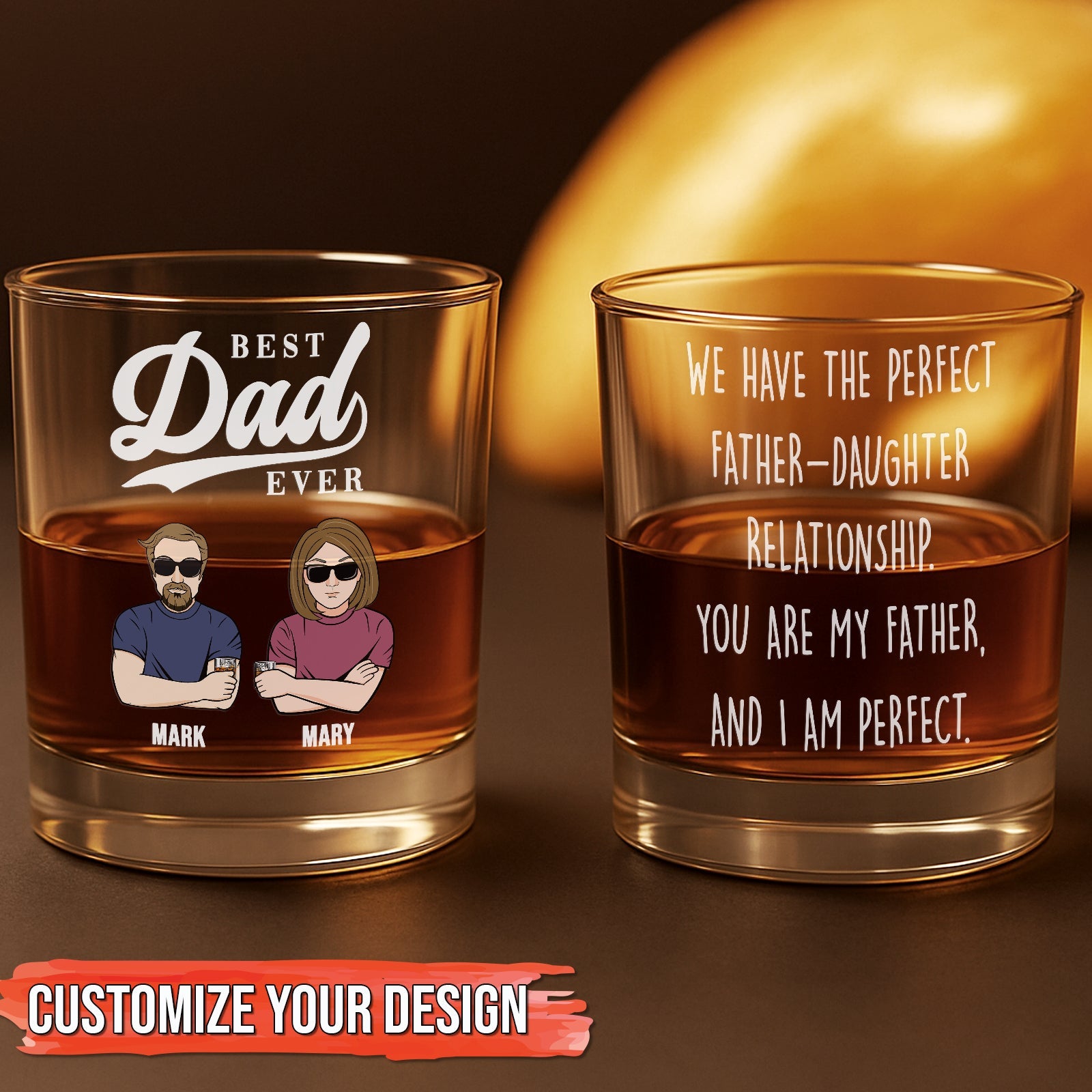 personalized best dad ever whiskey glass set of two with custom cartoon portraits names and father daughter quote