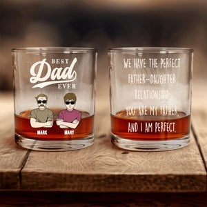 personalized best dad ever whiskey glass set with two engraved rocks glasses showing cartoon dad and daughter and humorous quote