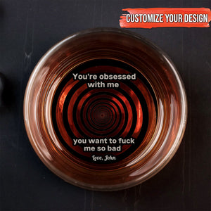 Personalized Whiskey Glass top view with amber whiskey and customizable concentric target design featuring an explicit message