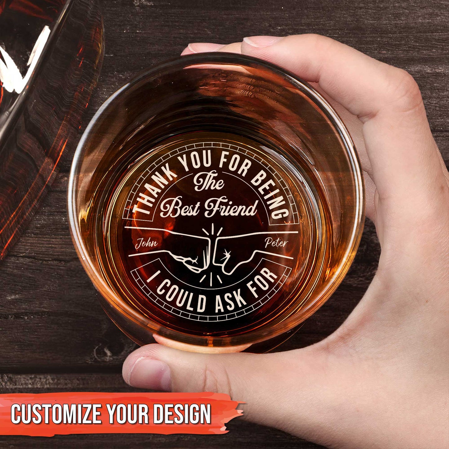 Top view of hand holding Personalized Whiskey Glass with engraved thank you for being the best friend message and names