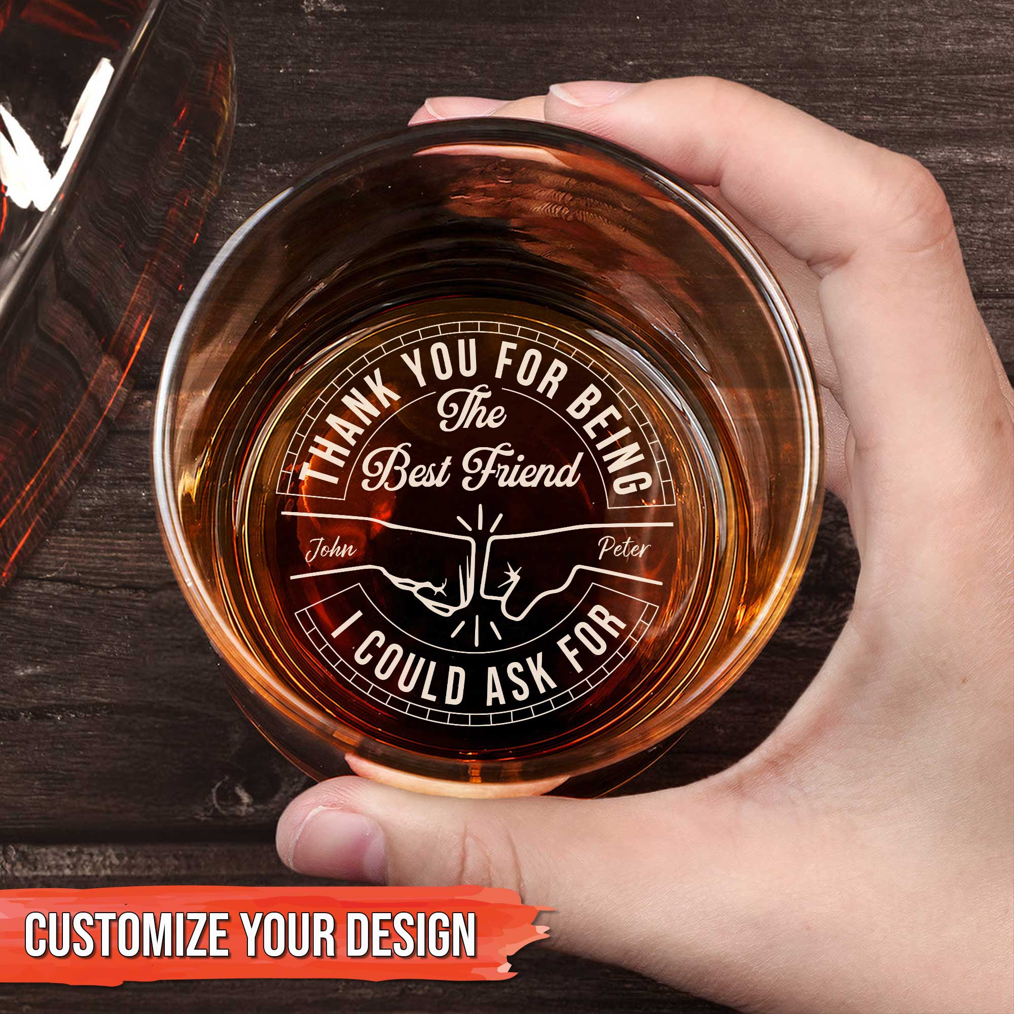 Top view of hand holding Personalized Whiskey Glass with engraved thank you for being the best friend message and names