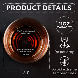 Top view of 11oz Personalized Whiskey Glass showing printed risque message inside and three point one inch diameter