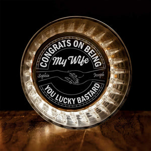 Personalized Whiskey Glass with engraved Congrats on Being My Wife message handshake and custom names