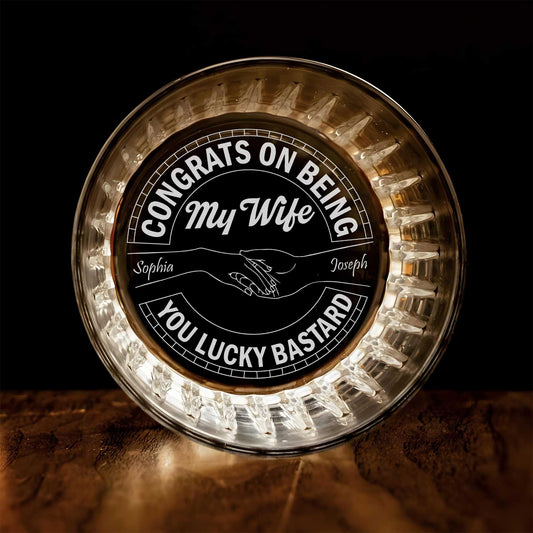 Personalized Whiskey Glass with engraved Congrats on Being My Wife message handshake and custom names