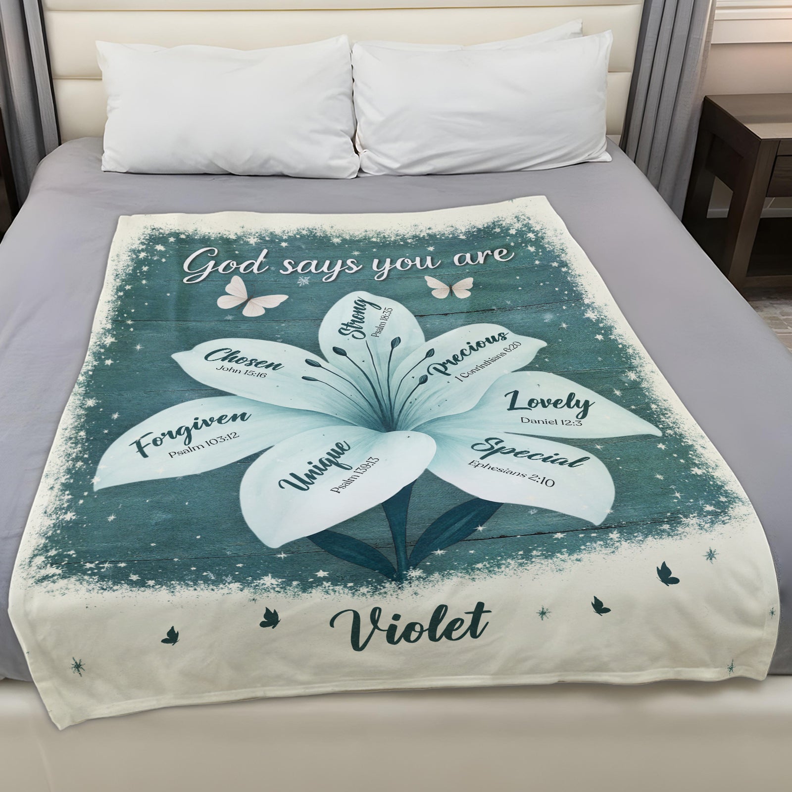 365Gifty personalized Christian blanket teal floral lily design with name Violet and scripture affirmations