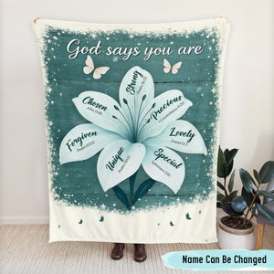 White ceramic mug with blue floral butterfly sisters design and names Sarah Linda Sophia personalized Christian blanket