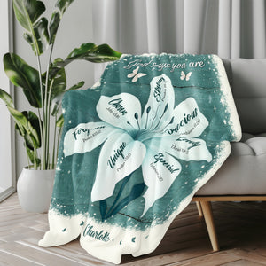 personalized Christian blanket teal lily floral design with names and scripture phrases for comfort