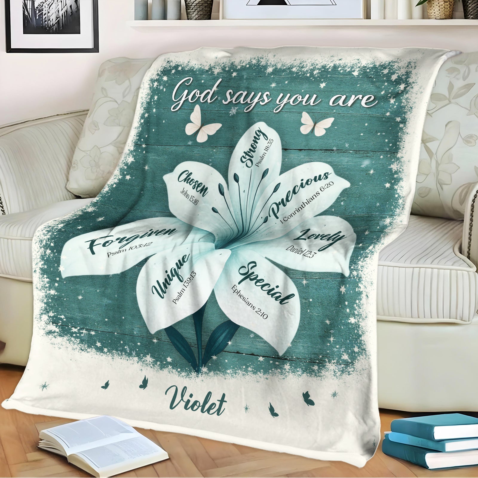 365Gifty personalized Christian blanket teal floral scripture design with customizable name Violet on sofa
