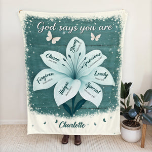 personalized Christian blanket teal floral design with scripture petals reading God says you are and custom name