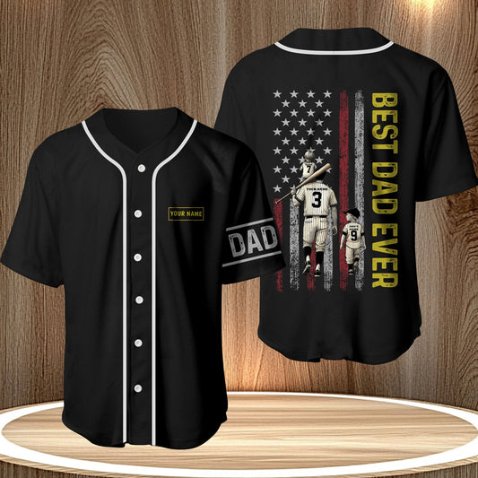 Father's day gift baseball jersey in black with Best Dad Ever design and customizable name patch