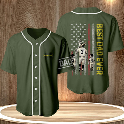Father's day gift baseball jersey in green with Best Dad Ever design and customizable name patch
