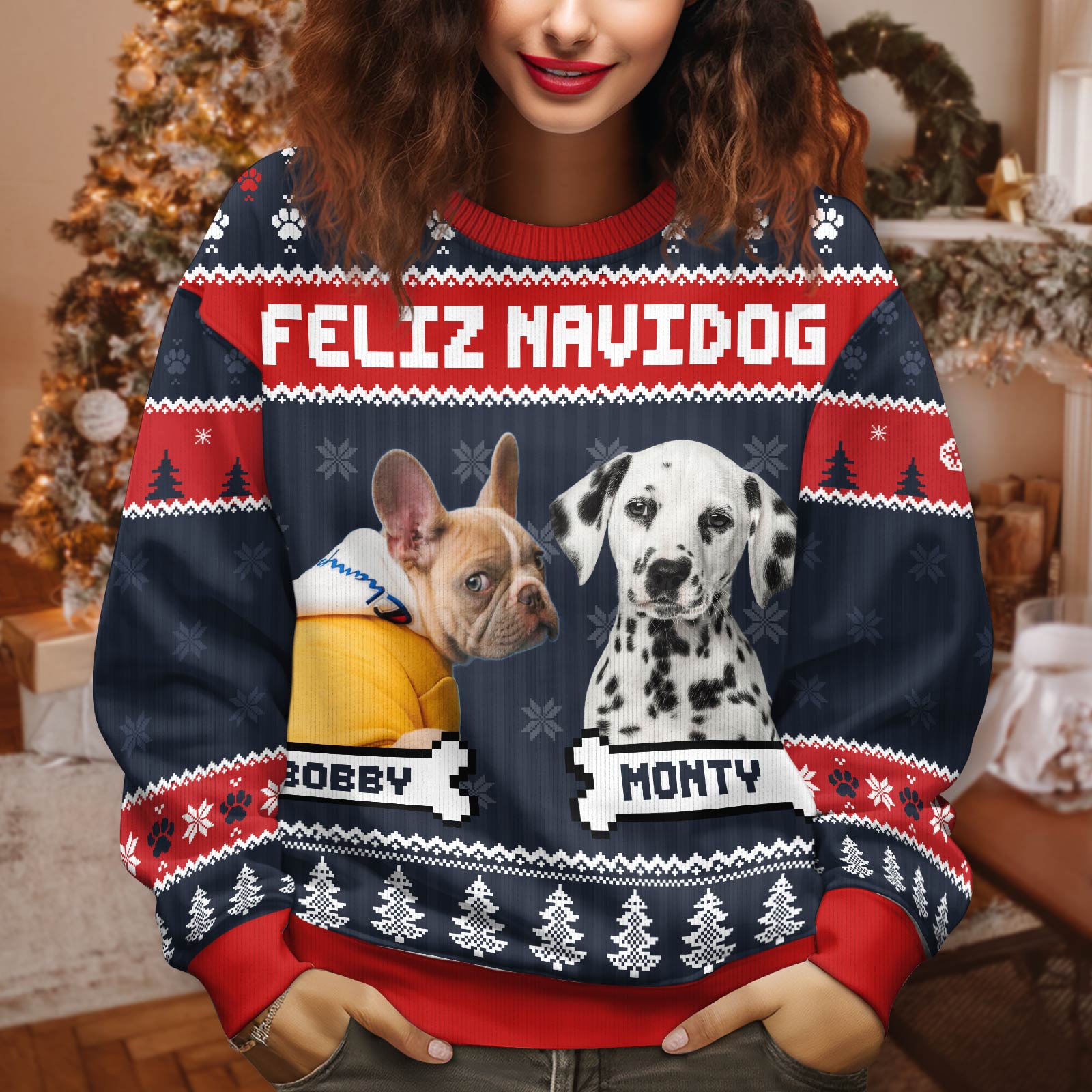 Woman wearing a Feliz Navidog holiday sweater with dog portraits Bobby and Monty in festive design