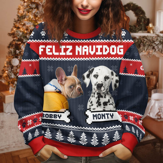 Woman wearing a Feliz Navidog holiday sweater with dog portraits Bobby and Monty in festive design
