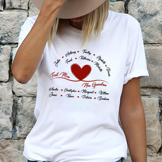 White t-shirt with heart design and names celebrating first mom now grandma gift by 365Gifty