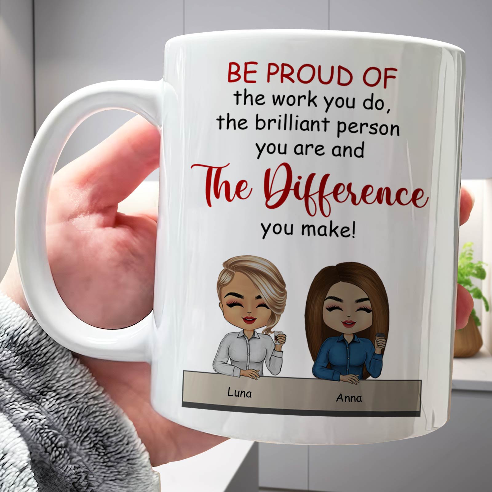 365Gifty personalized best friend mug white ceramic with motivational quote and two cartoon avatars Luna and Anna