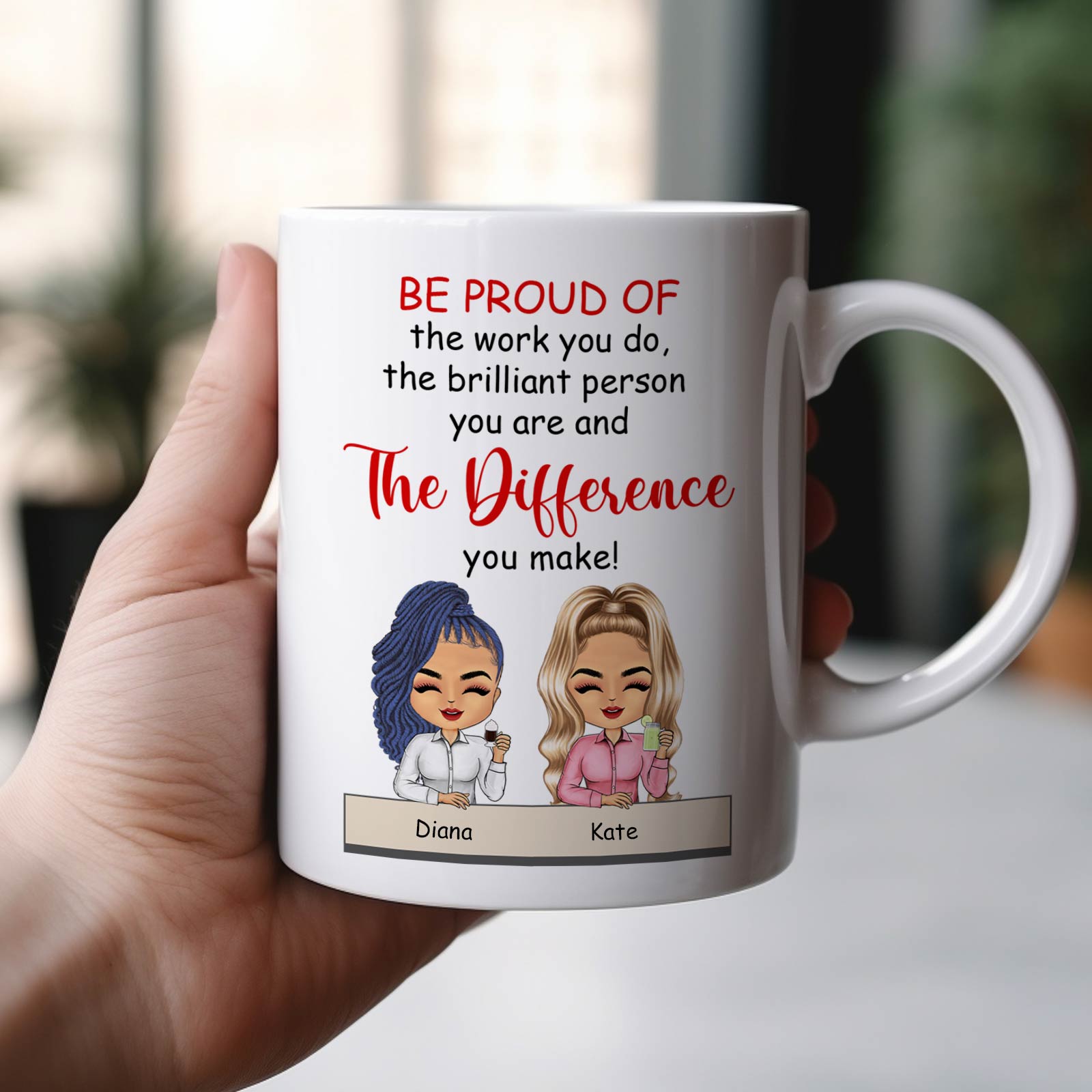 365Gifty personalized best friend mug white ceramic with inspirational quote and two female avatars labeled Diana and Kate