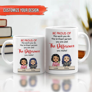 White customizable personalized best friend mug with cartoon avatars names and inspirational message
