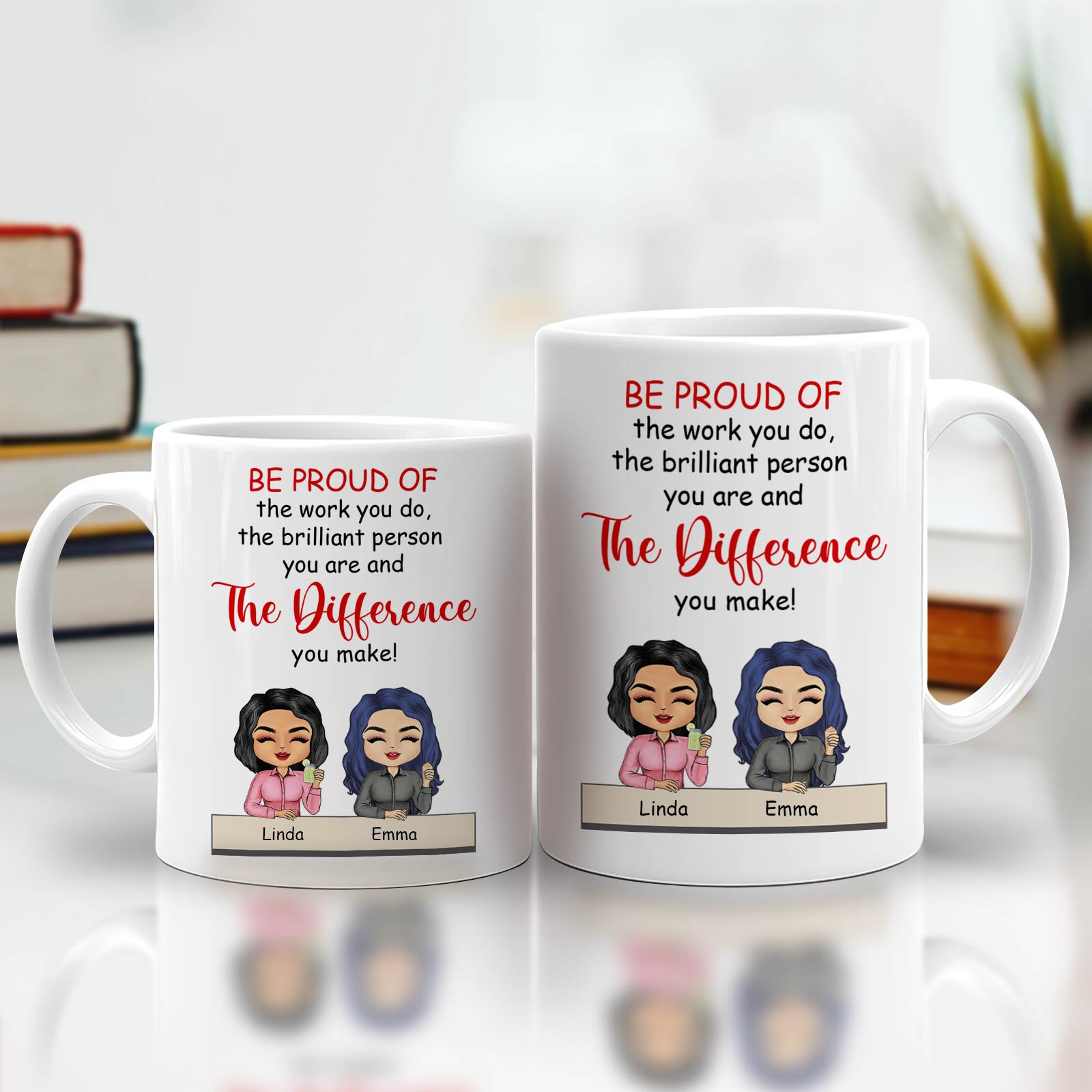 365Gifty personalized best friend mug set two white mugs with inspirational text and custom cartoon avatars Linda and Emma