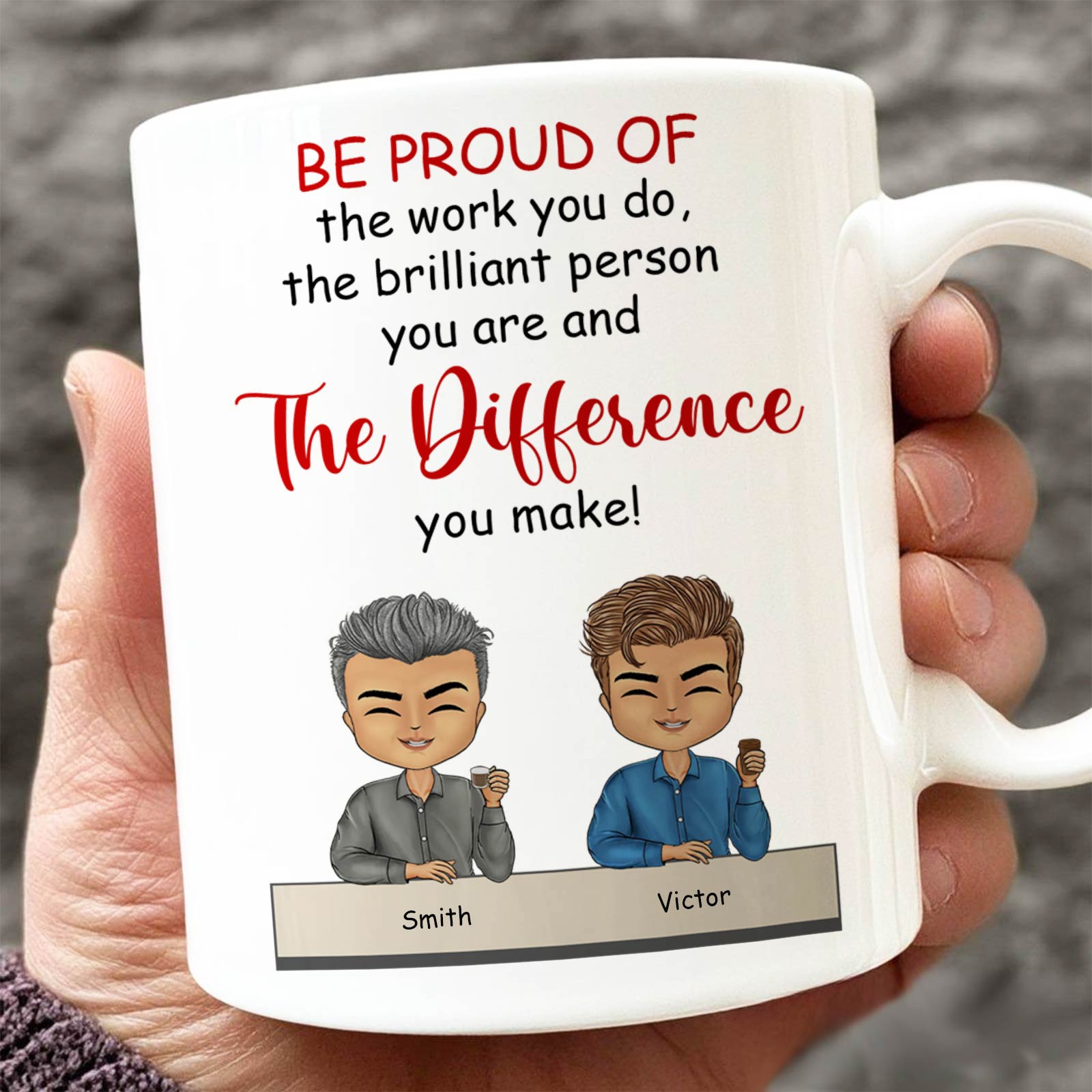 365Gifty personalized best friend mug with motivational quote and two cartoon friends labeled Smith and Victor