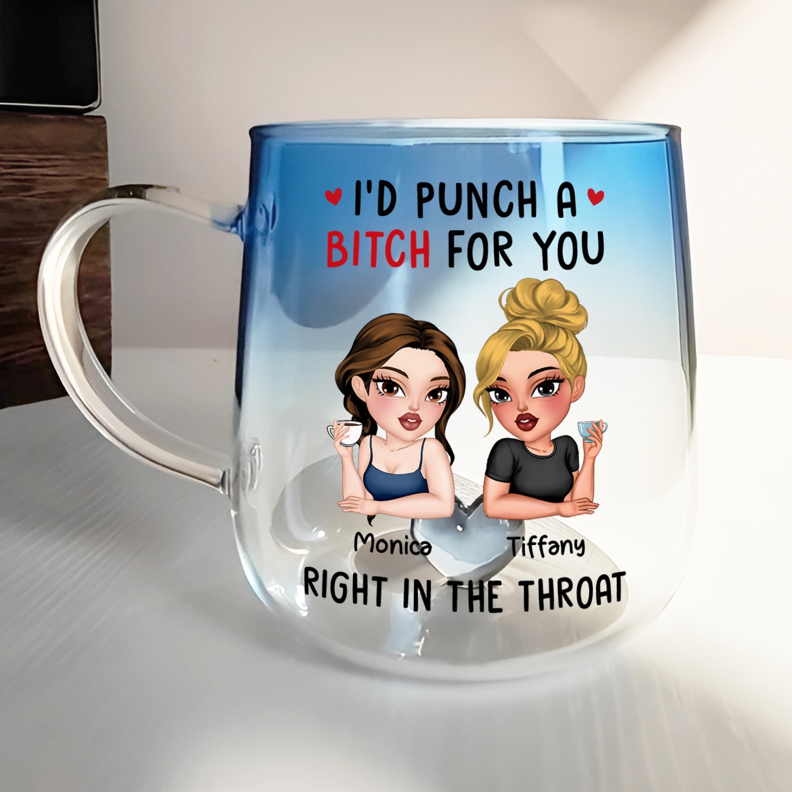 365Gifty personalized best friend glass mug with blue ombre two cartoon friends and bold humorous text