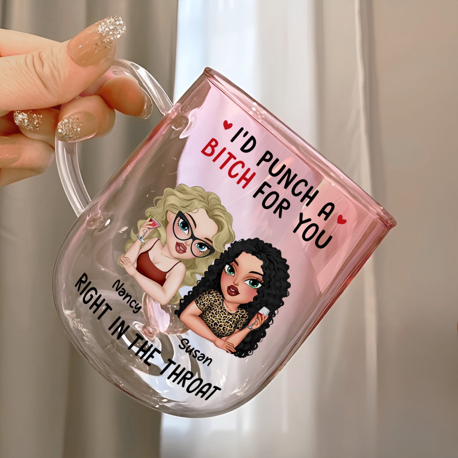 personalized best friend glass mug pink featuring two cartoon friends with custom names Nancy and Susan and funny punch design