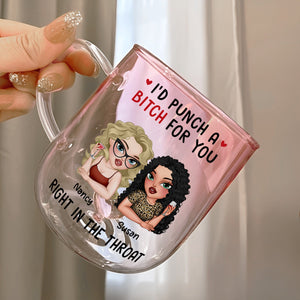 personalized best friend glass mug pink featuring two cartoon friends with custom names Nancy and Susan and funny punch design