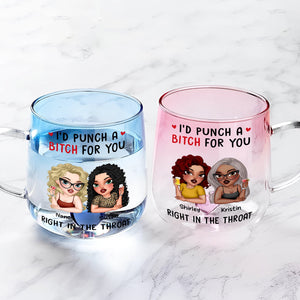 personalized best friend glass mug set two tinted glass mugs with cartoon friends and Id punch a bitch for you print