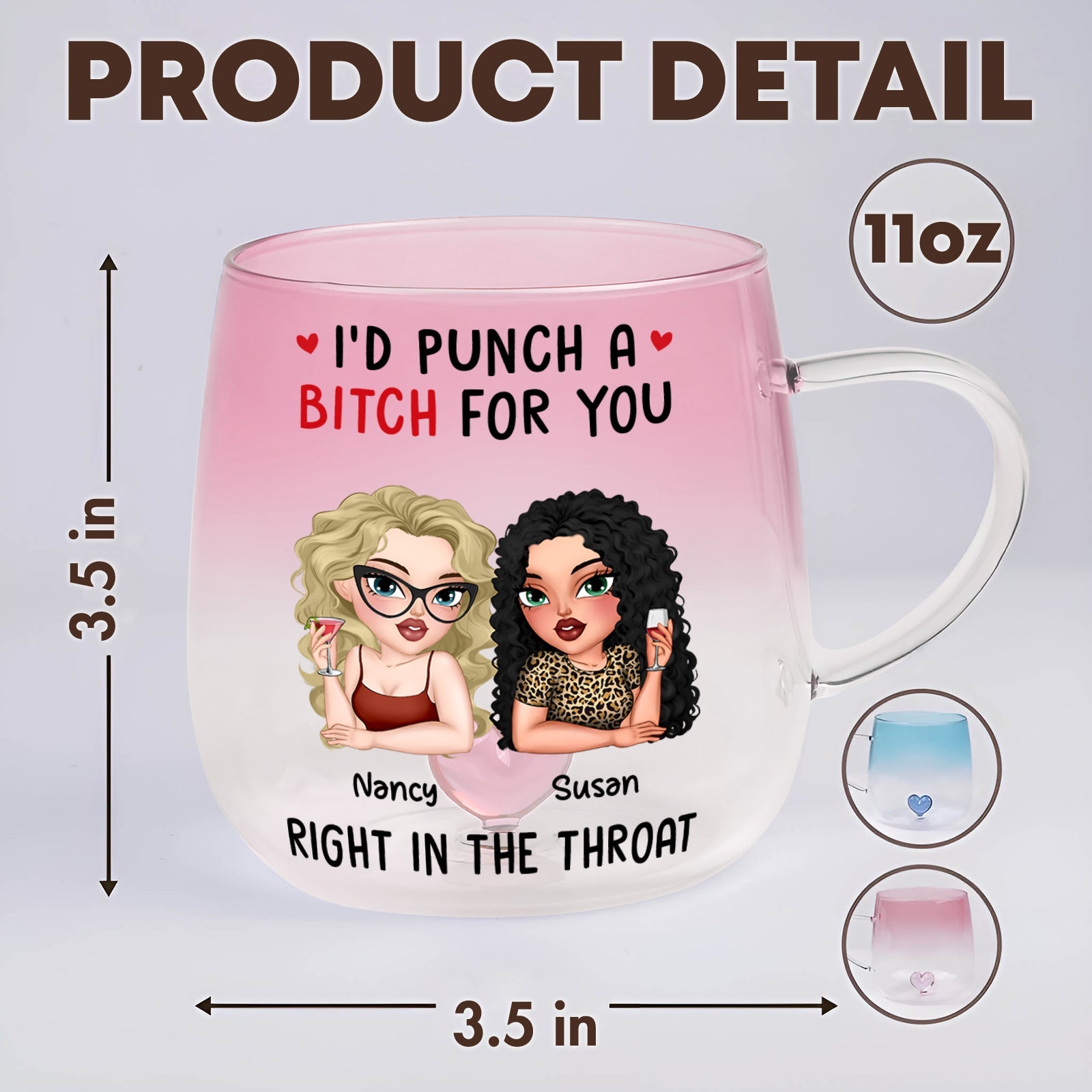 365Gifty personalized best friend glass mug pink ombre 11oz with two cartoon friends and bold quote