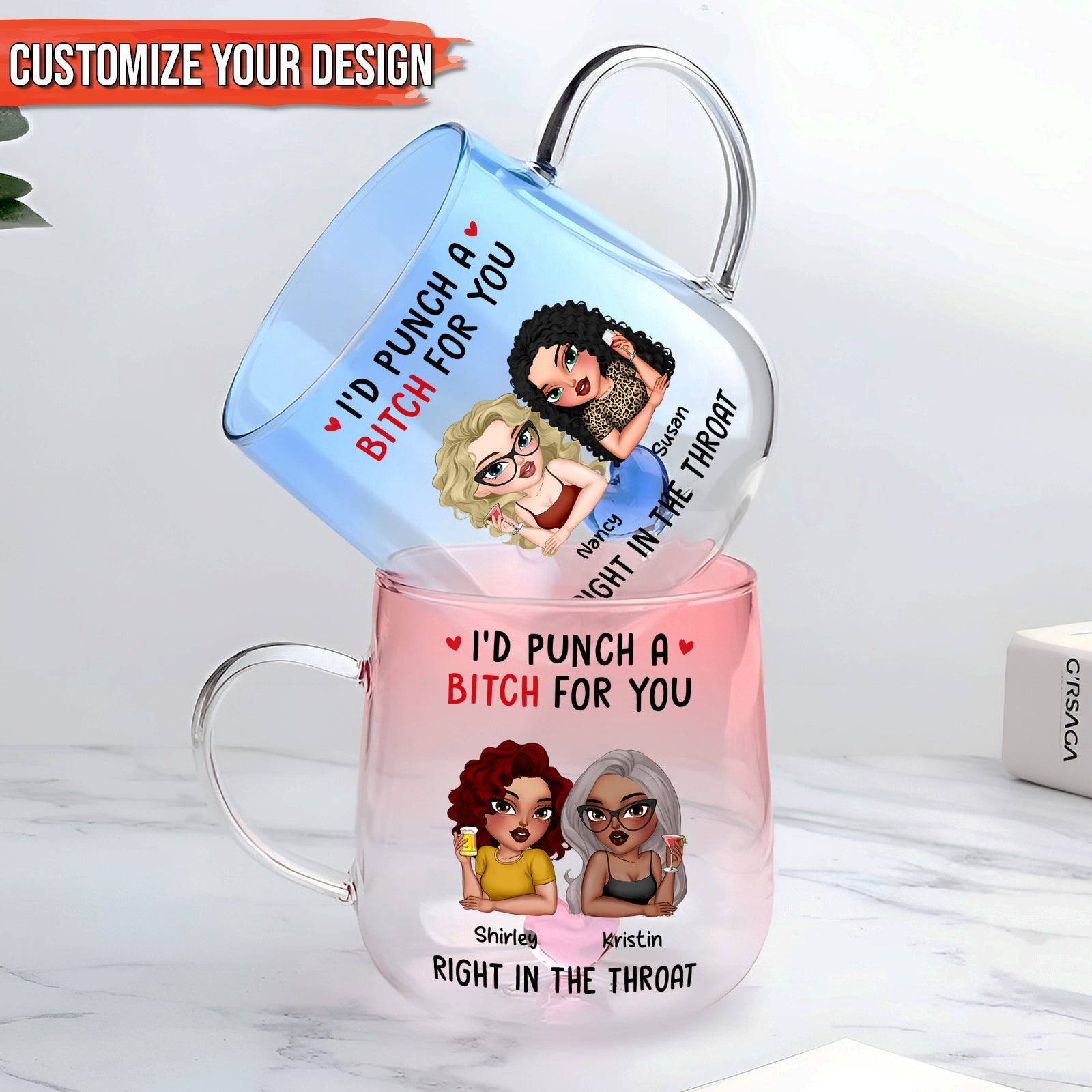 personalized best friend glass mug set featuring two illustrated women and bold Id punch a bitch for you design