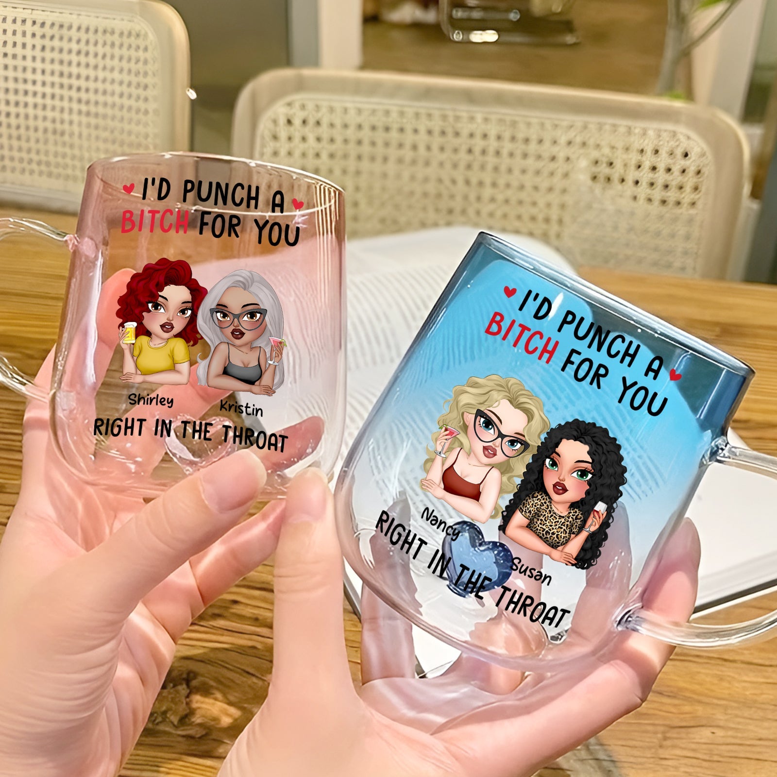 Two clear personalized best friend glass mug style items with custom cartoon avatars and cheeky matching text