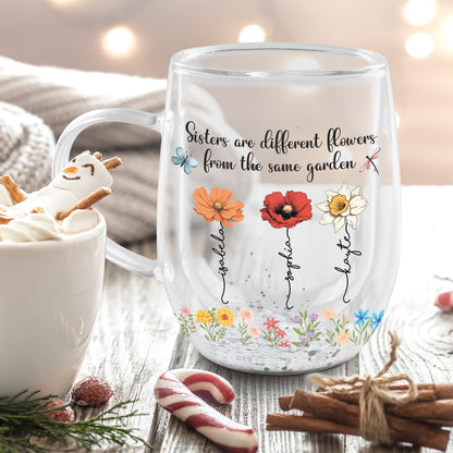 personalized bestie glass mug featuring three floral blooms and quote Sisters are different flowers from the same garden