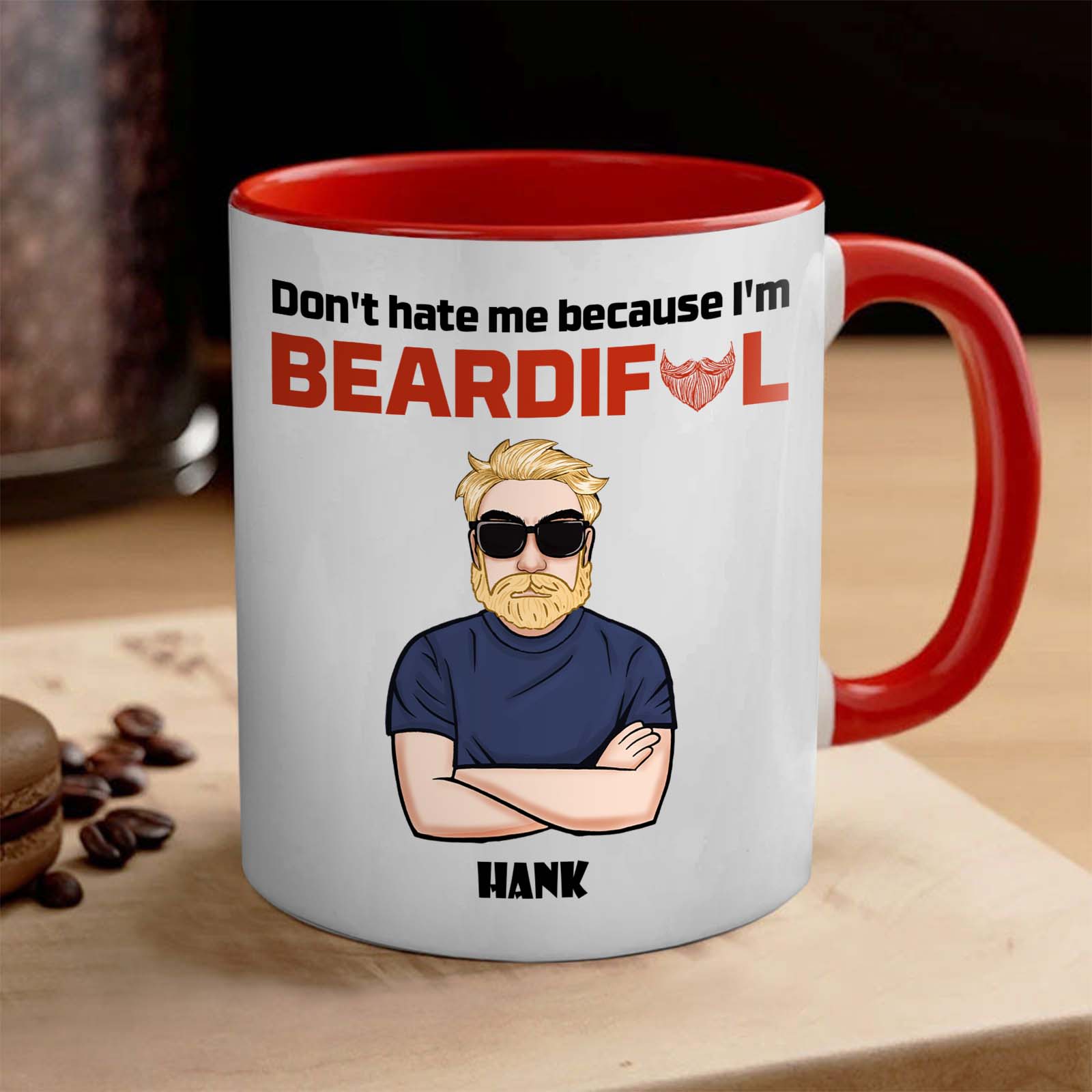Funny beard gift for men featuring a humorous cup with a beardiful design and sunglasses