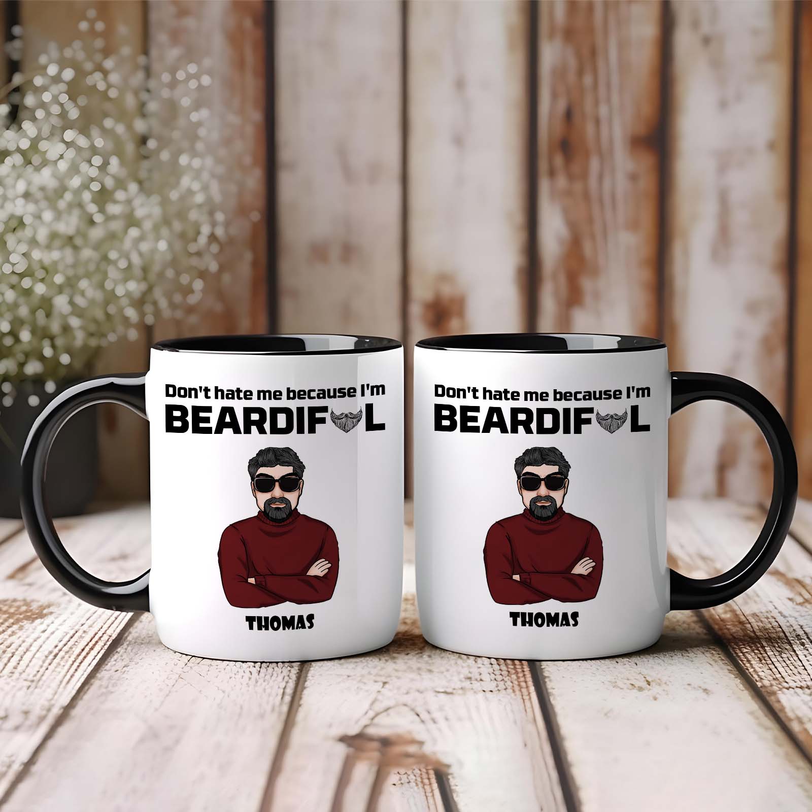 Funny beard gift for men featuring a mug with a humorous phrase and cartoon design
