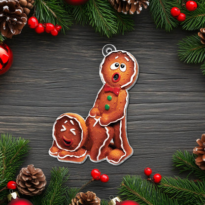 365Gifty funny Christmas ornament featuring a humorous gingerbread couple on rustic wooden background