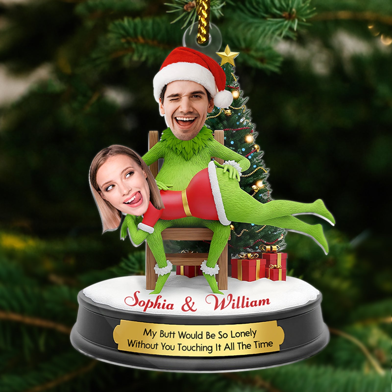 Funny couple Christmas ornament featuring a playful design with humorous text for holiday cheer