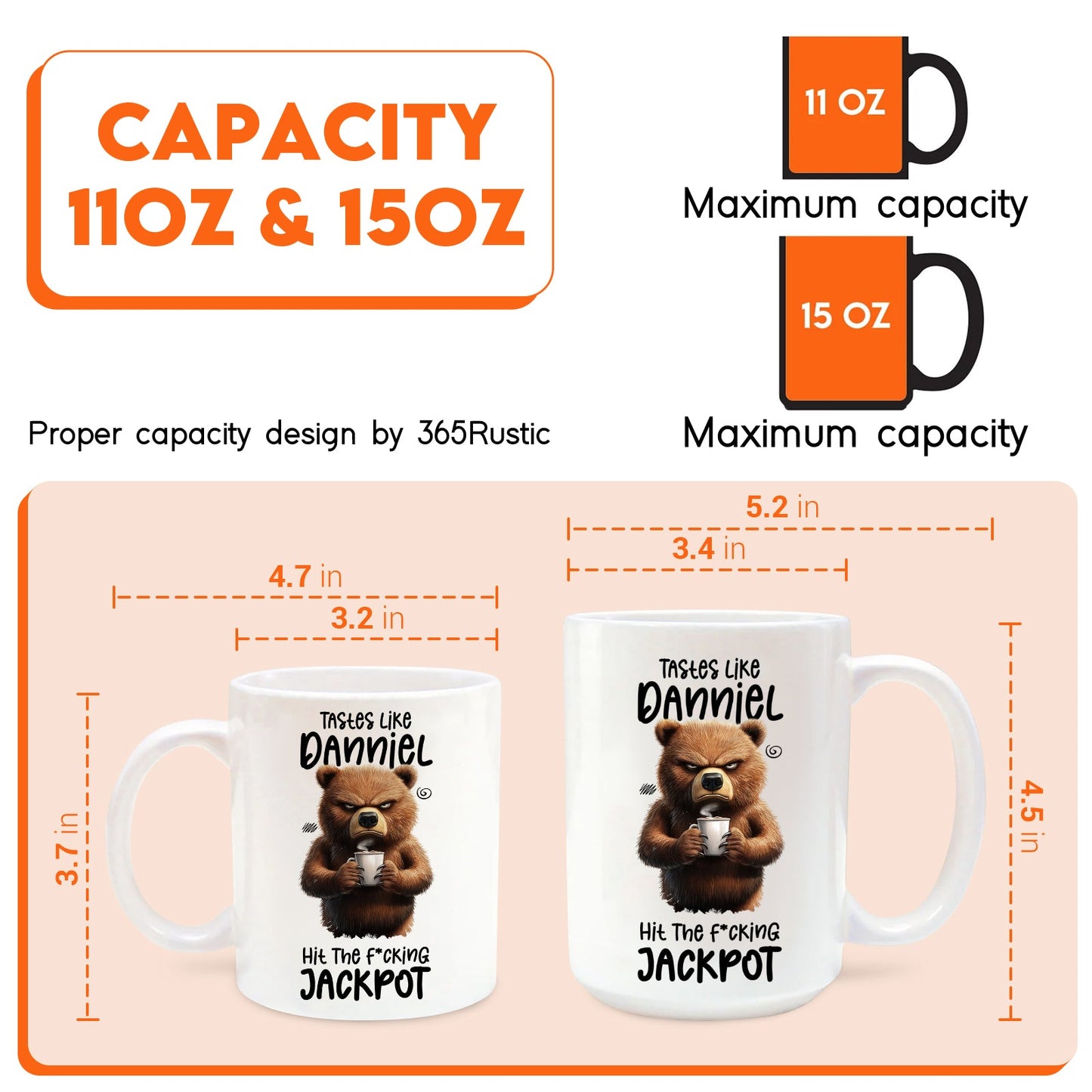 Funny custom coffee mug with bear graphic and text, available in 11oz and 15oz sizes