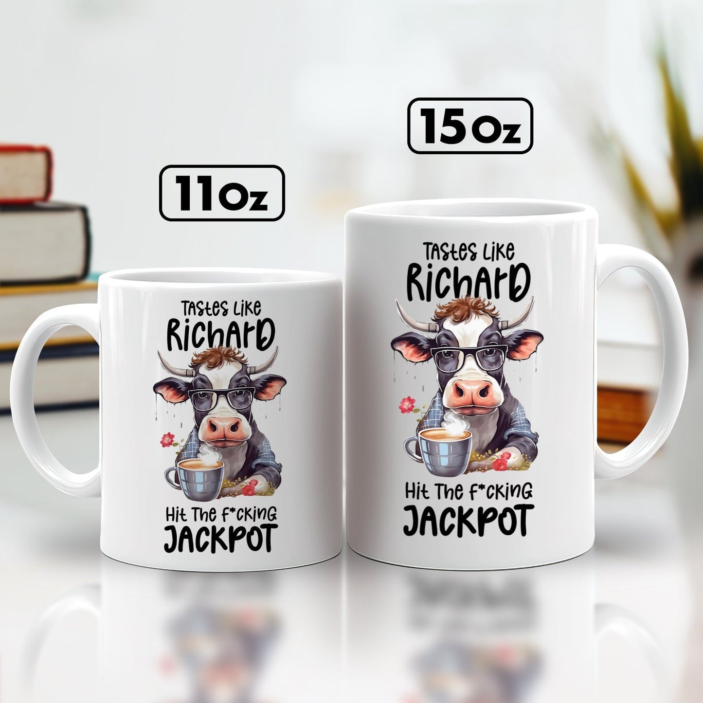 Funny custom coffee mug with a cow design and humorous text for coffee lovers