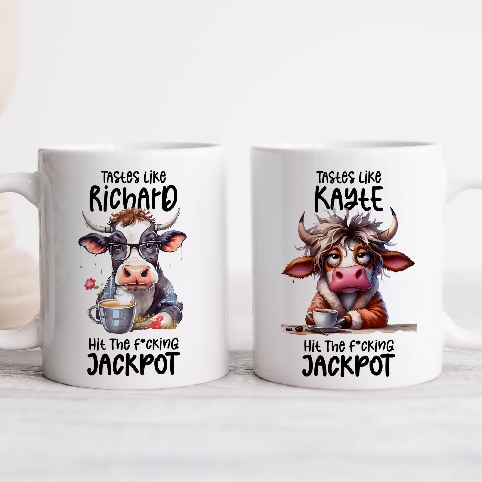 Funny custom coffee mug featuring humorous cow illustrations and playful text